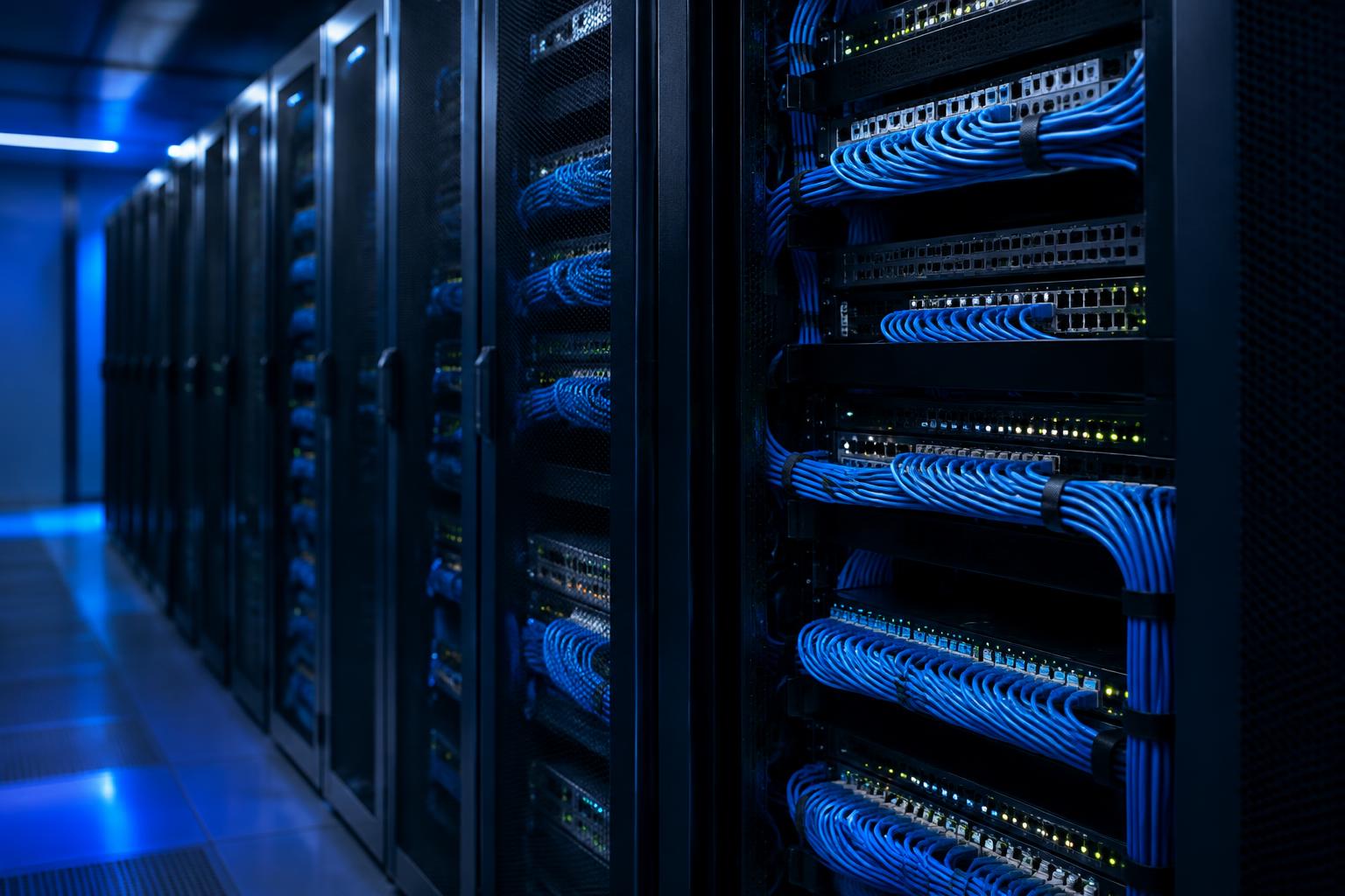 Racks de rede com cabeamento azul organizado
